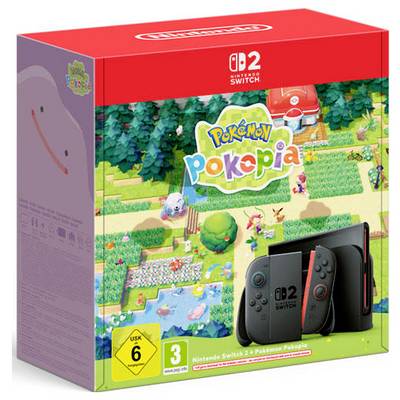 Nintendo Switch 2 Pokémon Pokopia Spielebox mit Logo, farbenfroher farmähnlicher Landschaft und Konsole mit Joy-Con-Controllern auf der Vorderseite.