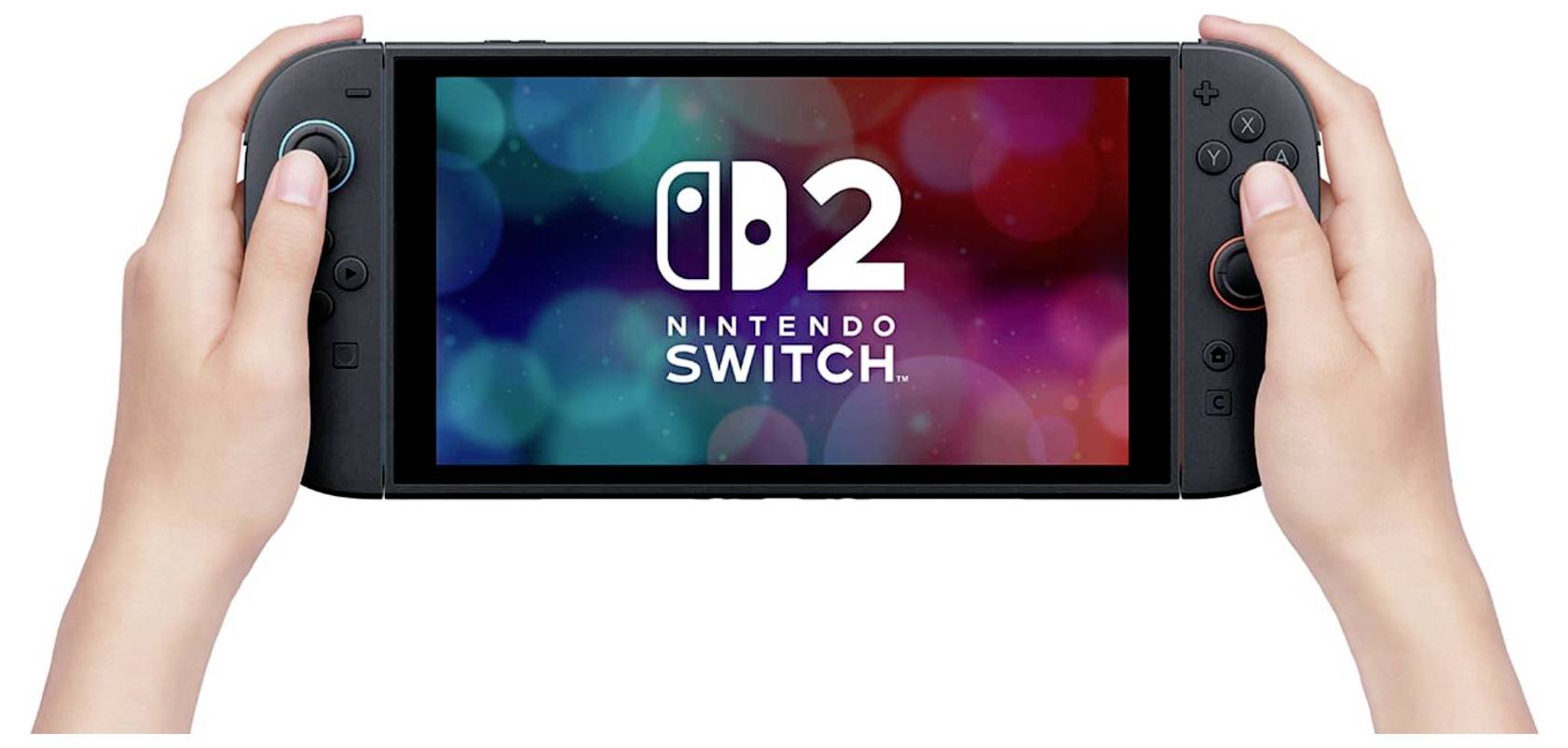 Hände halten eine Nintendo Switch 2-Konsole, wobei der Bildschirm das Logo "Nintendo Switch 2" auf einem farbenfrohen Bokeh-Hintergrund zeigt.