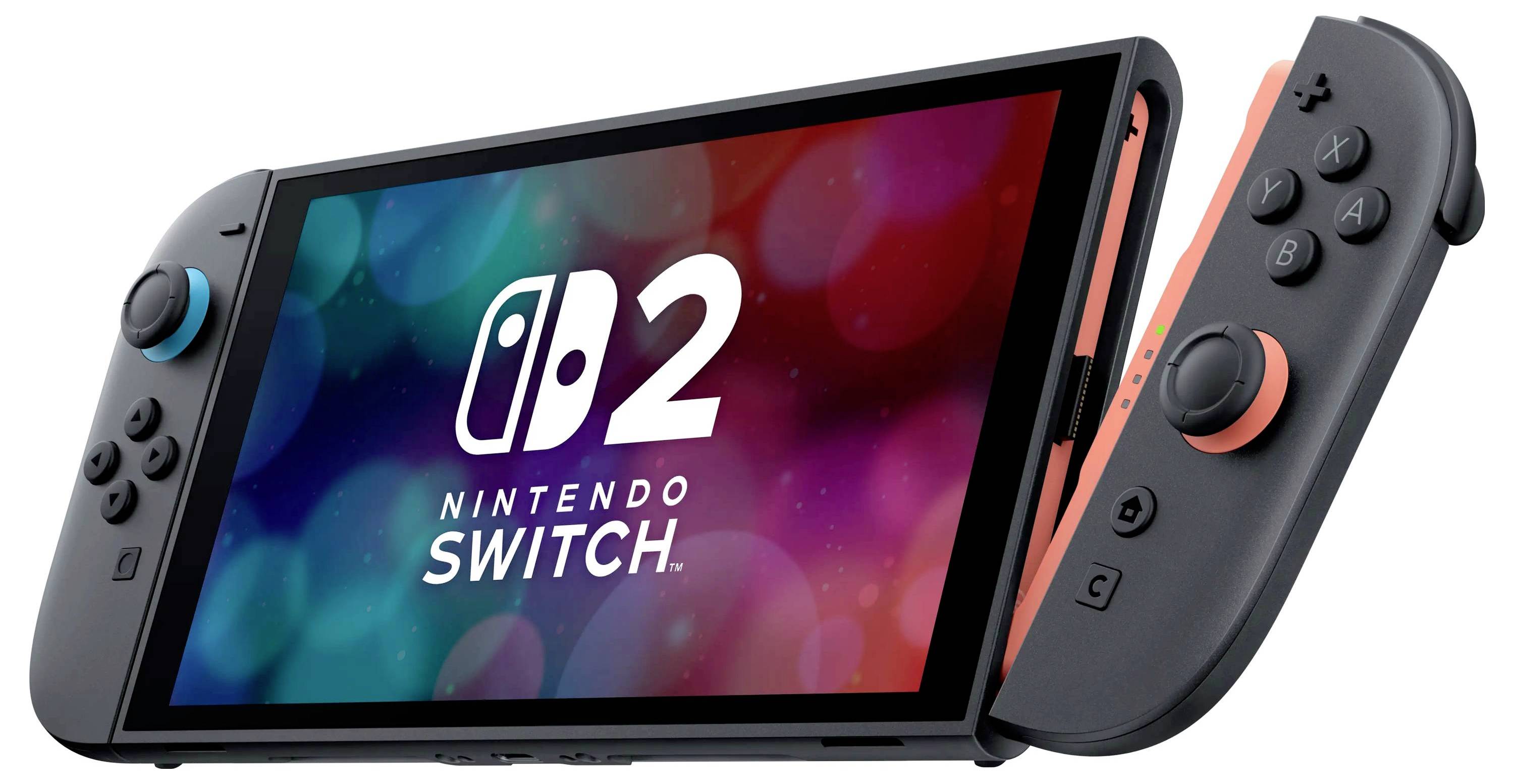 Nintendo Switch 2-Konsole mit abnehmbaren Joy-Con-Controllern und dem Logo „Nintendo Switch 2" auf dem Bildschirm.