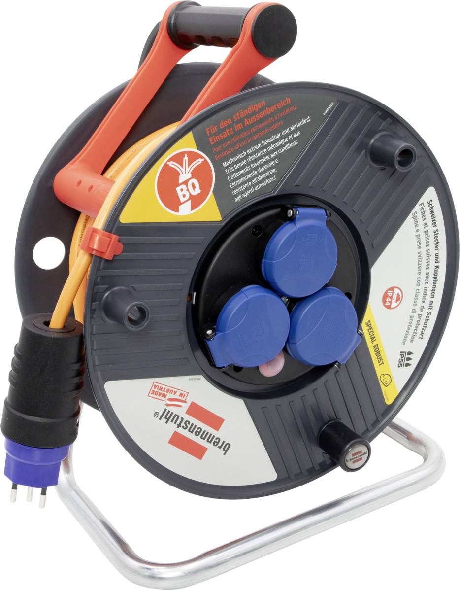 Tragbare Kabelrolle mit orangem Griff und Stromstecker, zeigt aufgerollte blaue Kabel und Buchsen auf einem Metallständer.