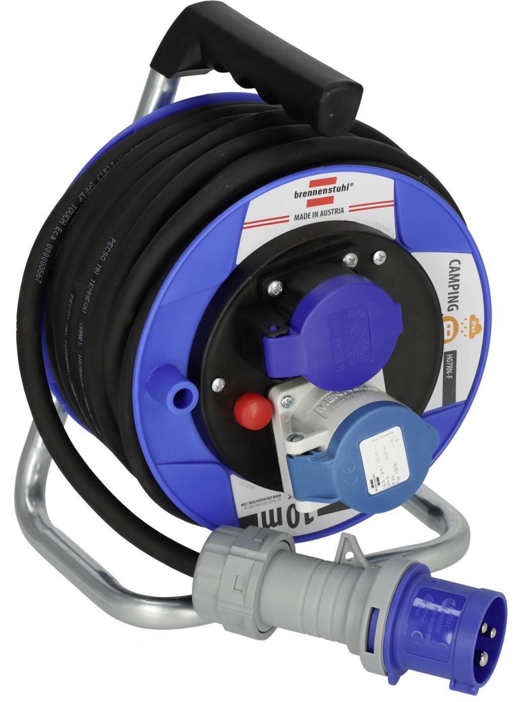 Tragbare elektrische Kabelrolle mit aufgewickeltem schwarzem Kabel, blauer Verlängerungssteckdose und blauem Industriestecker in einem Metallrahmen.