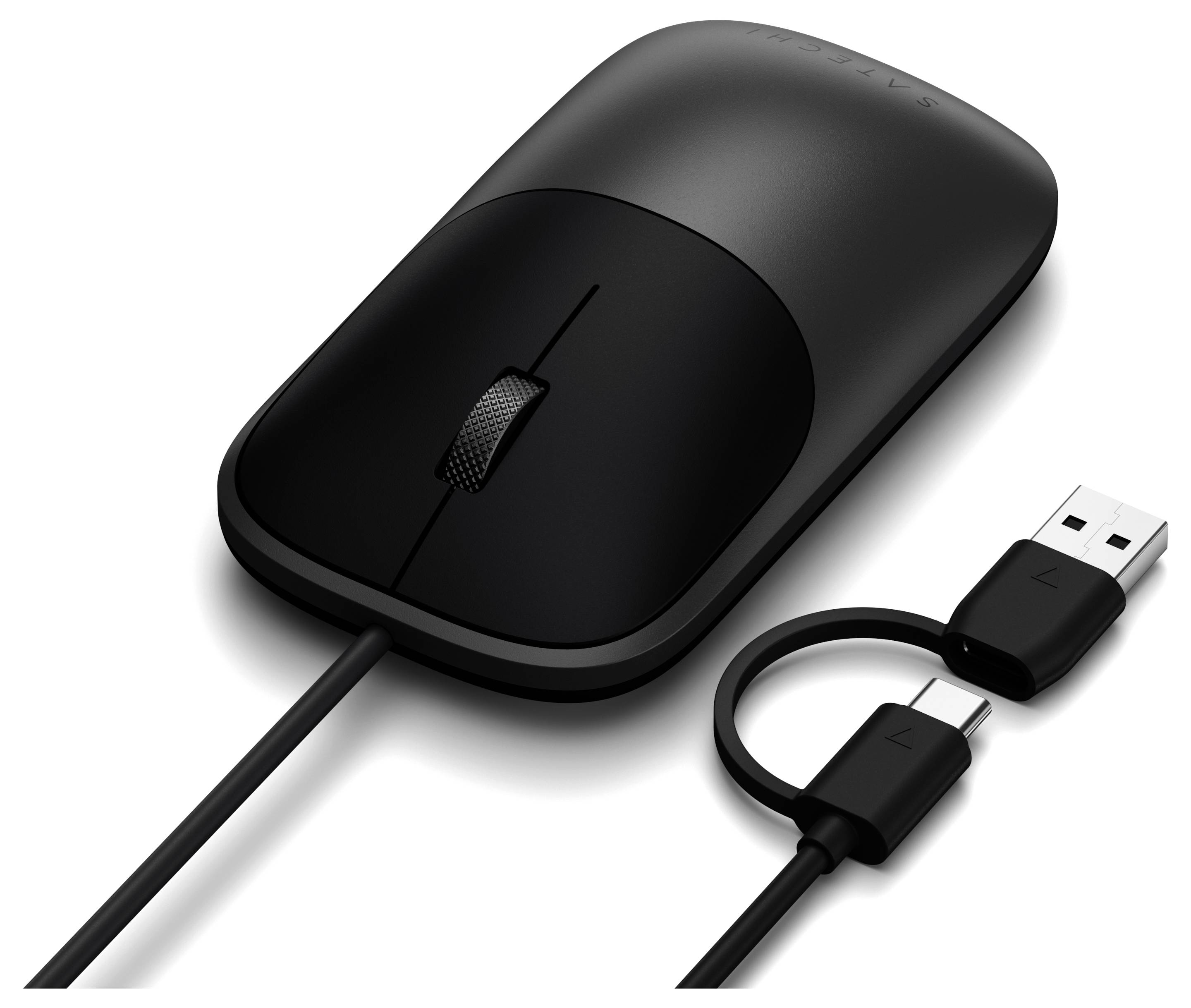 Schwarze kabelgebundene Computermaus mit Scrollrad und USB-Anschluss auf weißem Hintergrund.
