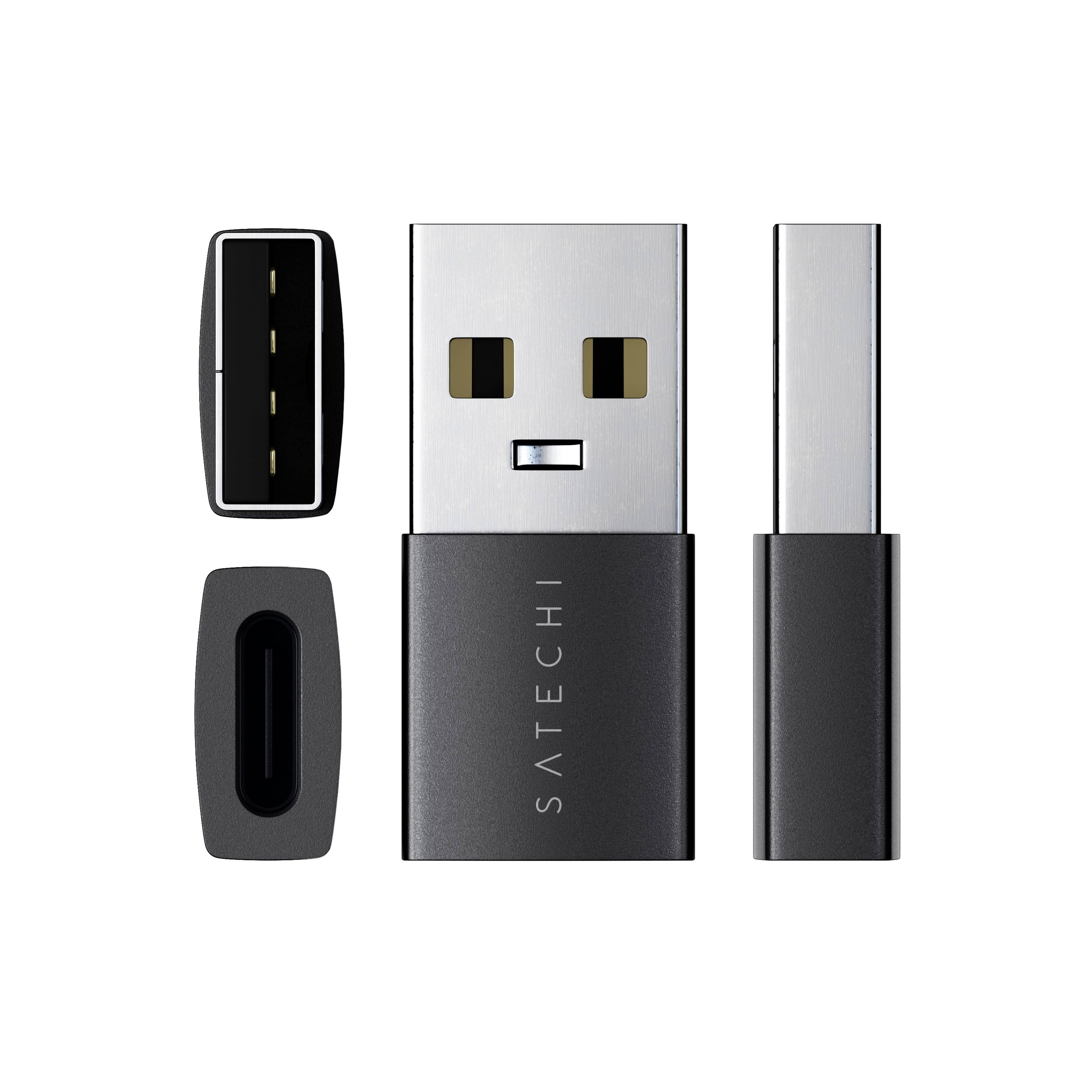 Ein schwarzer und silberner USB-Speicherstick, der aus mehreren Winkeln gezeigt wird, einschließlich des vorderen Anschlusses, der Kappe und der Seitenansicht, mit "SATECHI"-Branding auf dem Gehäuse.