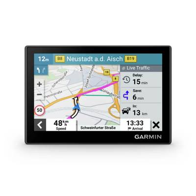 Garmin GPS-Navigationbildschirm zeigt eine Kartenstrecke nach Neustadt a.d. Aisch über B8/B19, mit Live-Verkehr, 15 Min. Verzögerung, 6 Min. gespart, 13 km verbleibend und Ankunft um 13:33 Uhr.