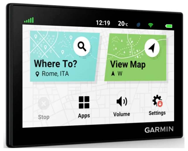Garmin GPS Startbildschirm zeigt „Wohin?" für Rom, ITA und „Karte anzeigen" mit App-, Lautstärke-, Einstellungs- und Stopp-Schaltflächen.