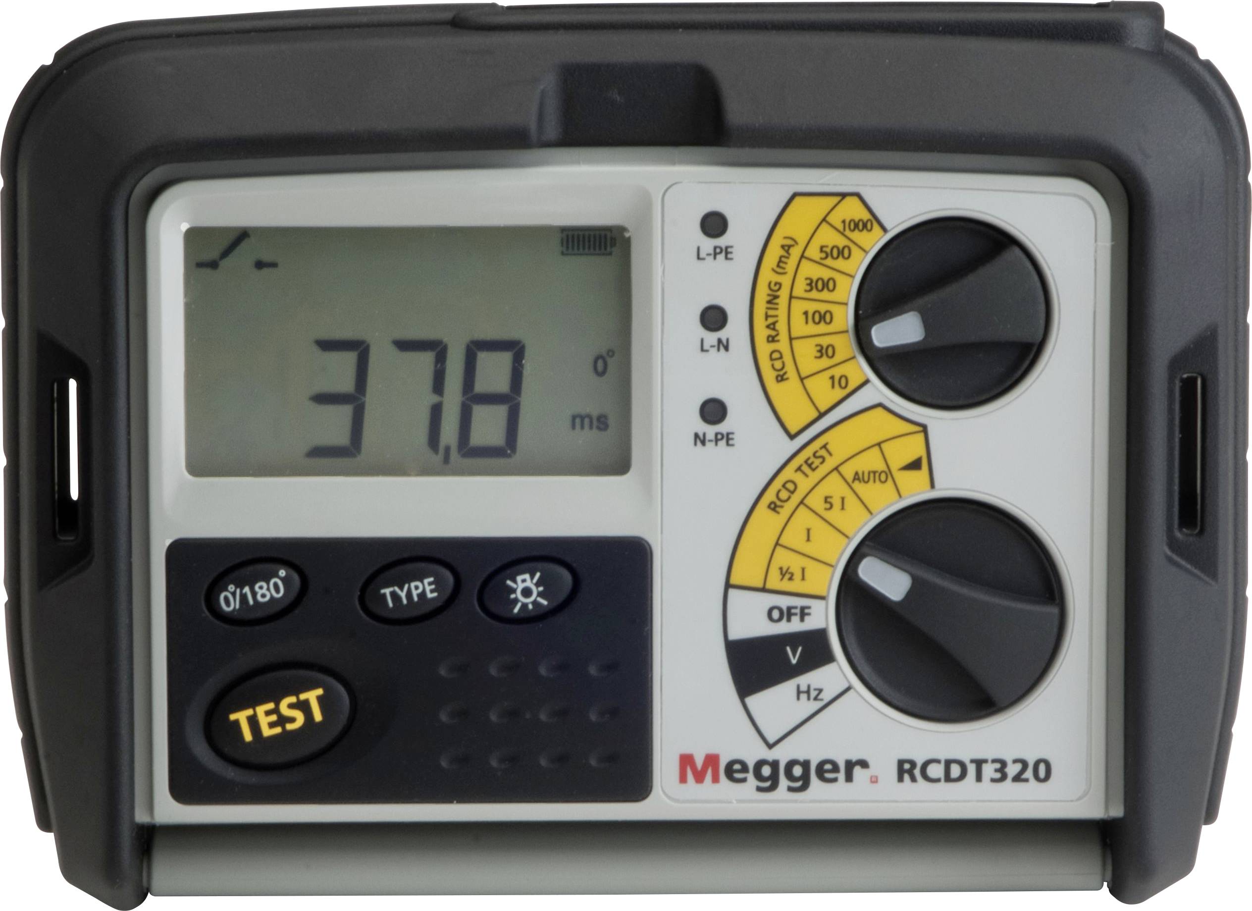 Digitale Anzeige auf einem Megger RCDT320-Prüfgerät, das 37,8 ms anzeigt, mit zwei Drehwahlschaltern für Testeinstellungen.