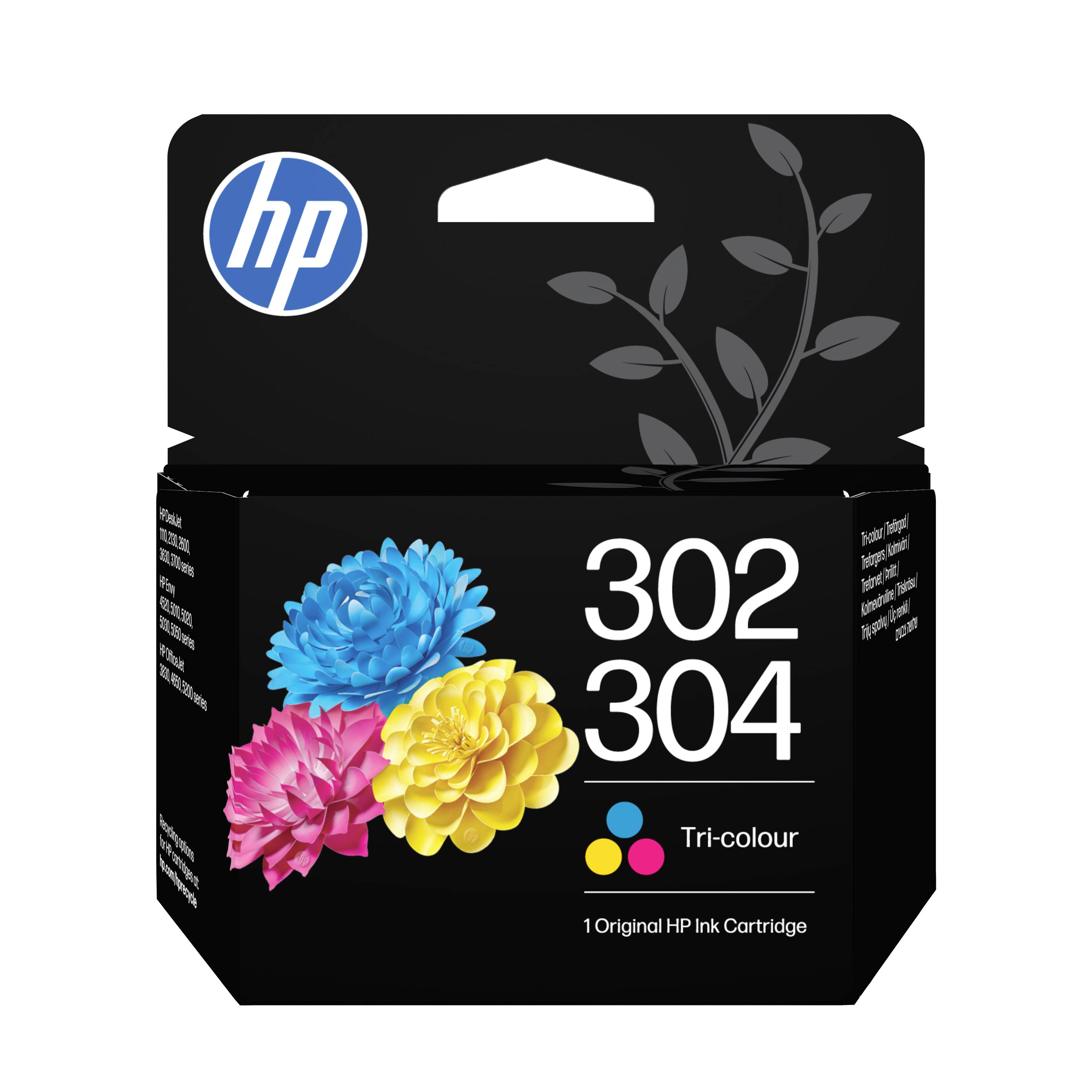 HP Dreifarben-Tintenpatrone Verpackung mit den Bezeichnungen "302" und "304" mit HP-Logo und blauen, rosa und gelben Blüten.