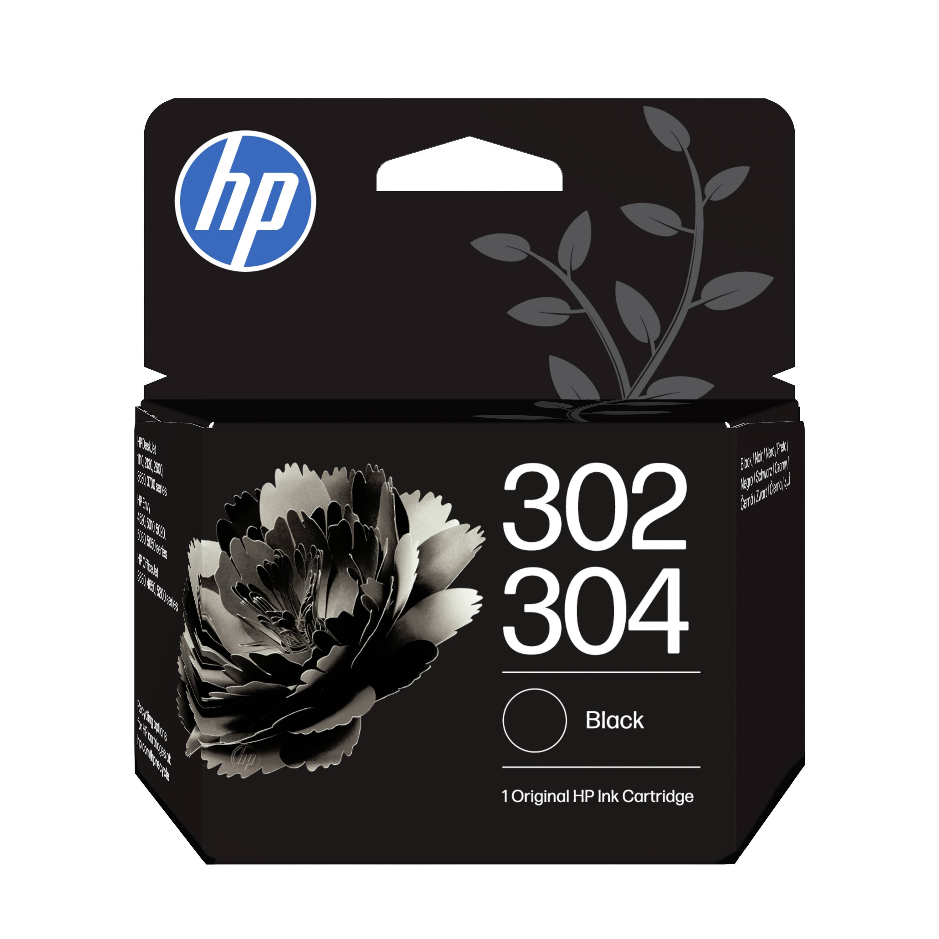 HP-Tintenpatronenpaket mit der Bezeichnung „302 304" in Schwarz, mit HP-Logo und Blumengrafik.