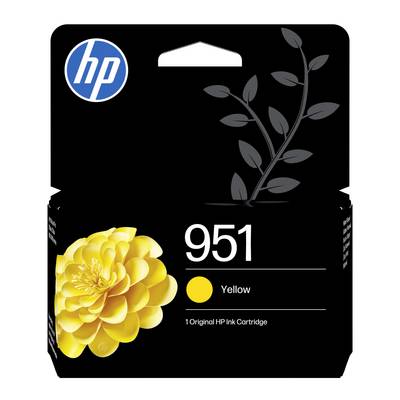 HP 951 gelbe Tintenpatrone mit HP-Logo, gelbem Blumenmotiv und Pflanzendarstellung auf einer schwarzen Verpackung.