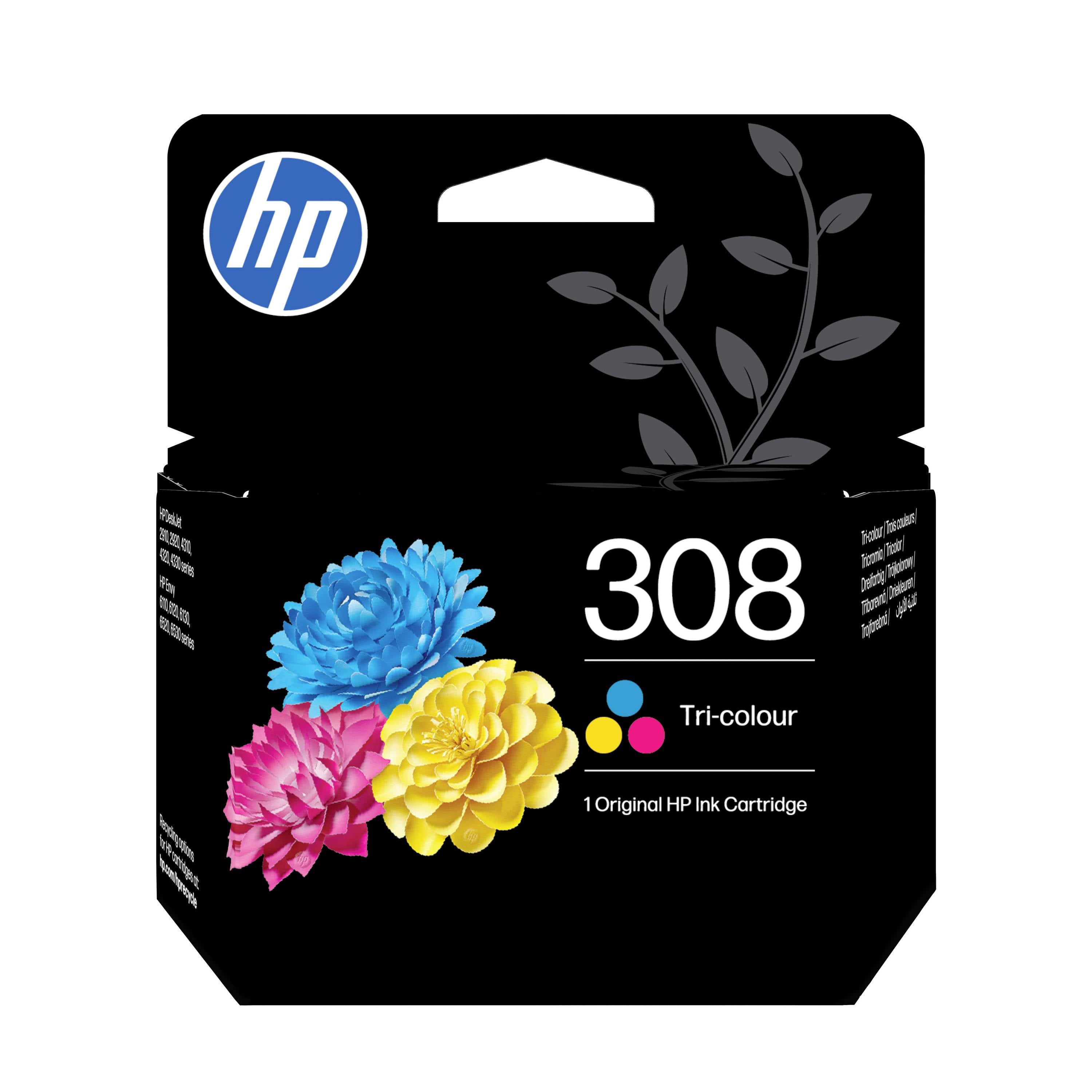 HP 308 Dreifarben-Originalpatronenpackung mit blauen, rosa und gelben Blumengrafiken auf einer schwarzen Schachtel.