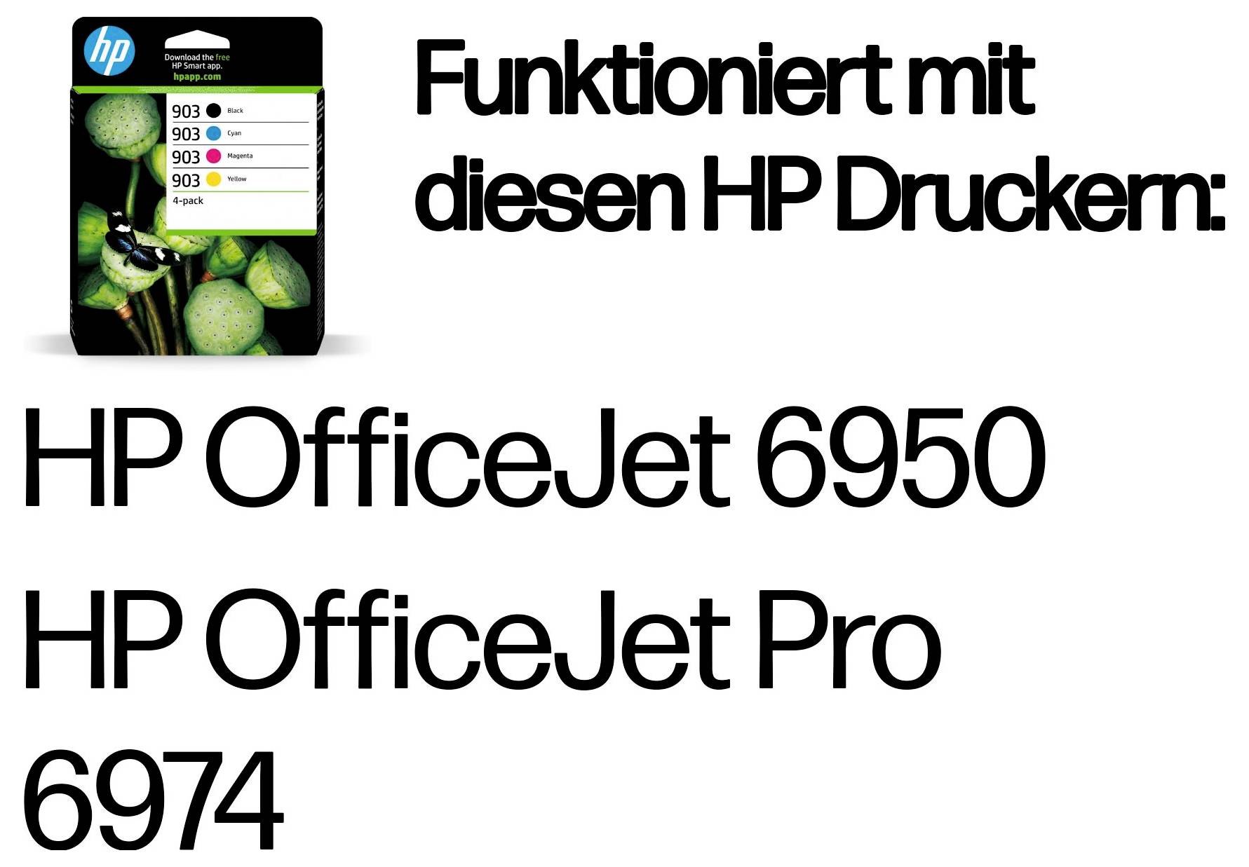 HP Tintenpatronenverpackung zeigt Kompatibilität mit HP OfficeJet 6950 und HP OfficeJet Pro 6974 Druckern; deutscher Text besagt, dass es "Funktioniert mit diesen HP Druckern".
