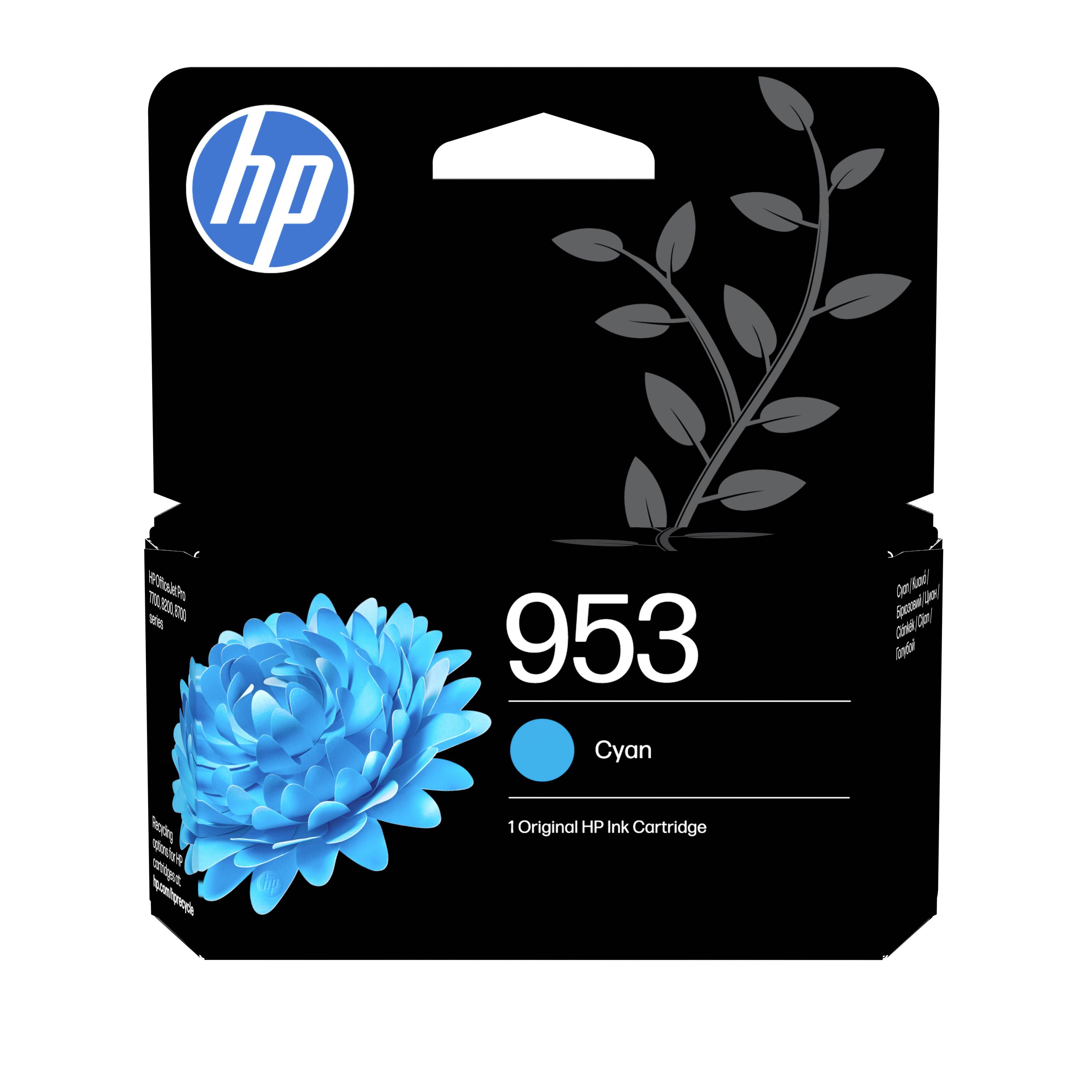 HP 953 Cyan-Tintenpatrone in einer Verpackung mit einer blauen Blumengrafik und HP-Logo auf einer schwarzen Schachtel.