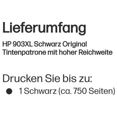 Deutsches Produktinformation besagt enthaltenes Artikel: HP 903XL Schwarz Original Tintenpatrone mit hoher Kapazität; druckt bis zu 1 schwarze Patrone, etwa 750 Seiten.