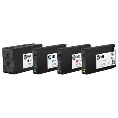 Vier HP 963 Druckerpatronen nebeneinander dargestellt: Schwarz, Cyan, Magenta und Gelb.