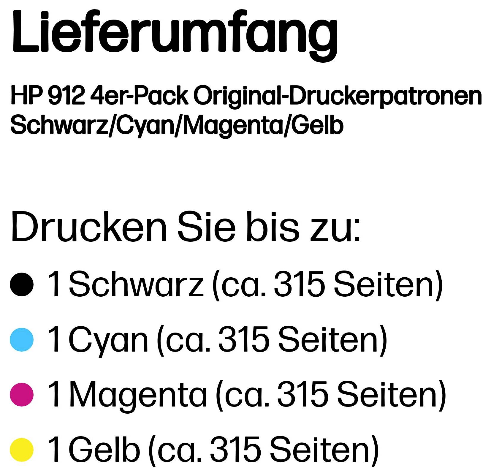 Lieferumfang für HP 912 4er-Pack Original-Druckerpatronen: Schwarz, Cyan, Magenta, Gelb; jede druckt etwa 315 Seiten.