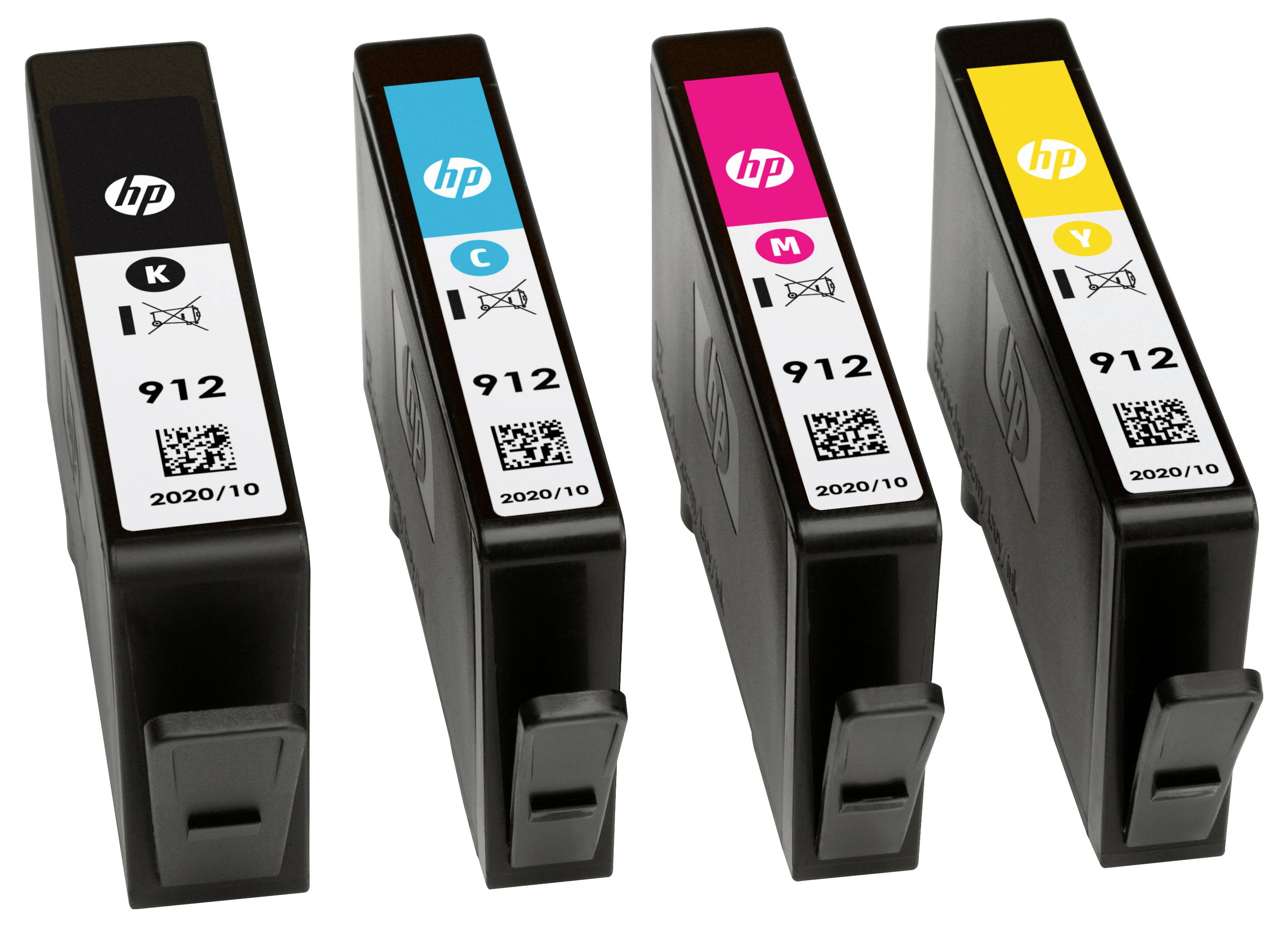 Vier HP 912 Druckerpatronen: schwarz, cyan, magenta und gelb.