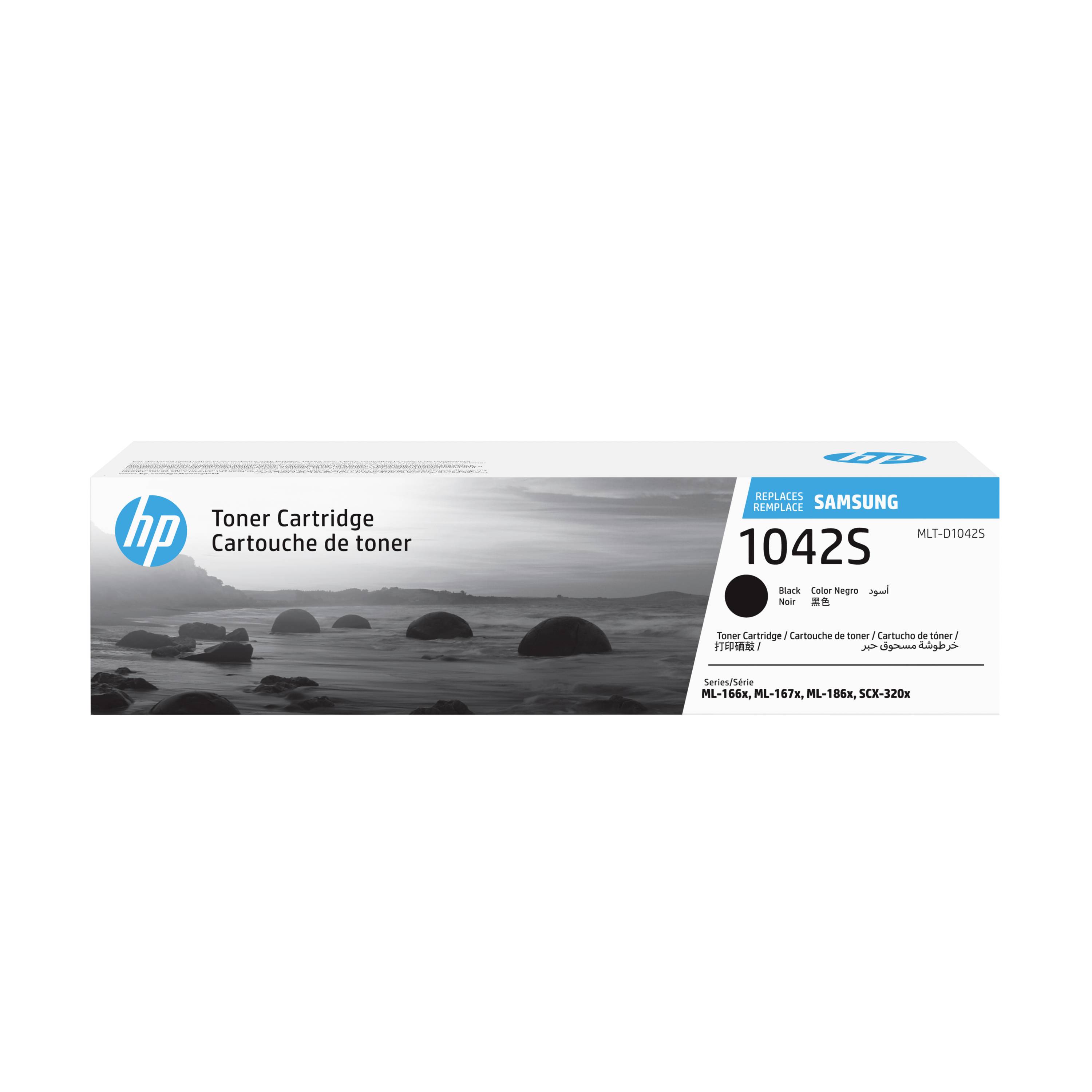 HP-Tonerpatronenschachtel mit der Bezeichnung „1042S" für Samsung-Drucker, mit schwarzem Toner und cyan-farbenem HP-Logo.