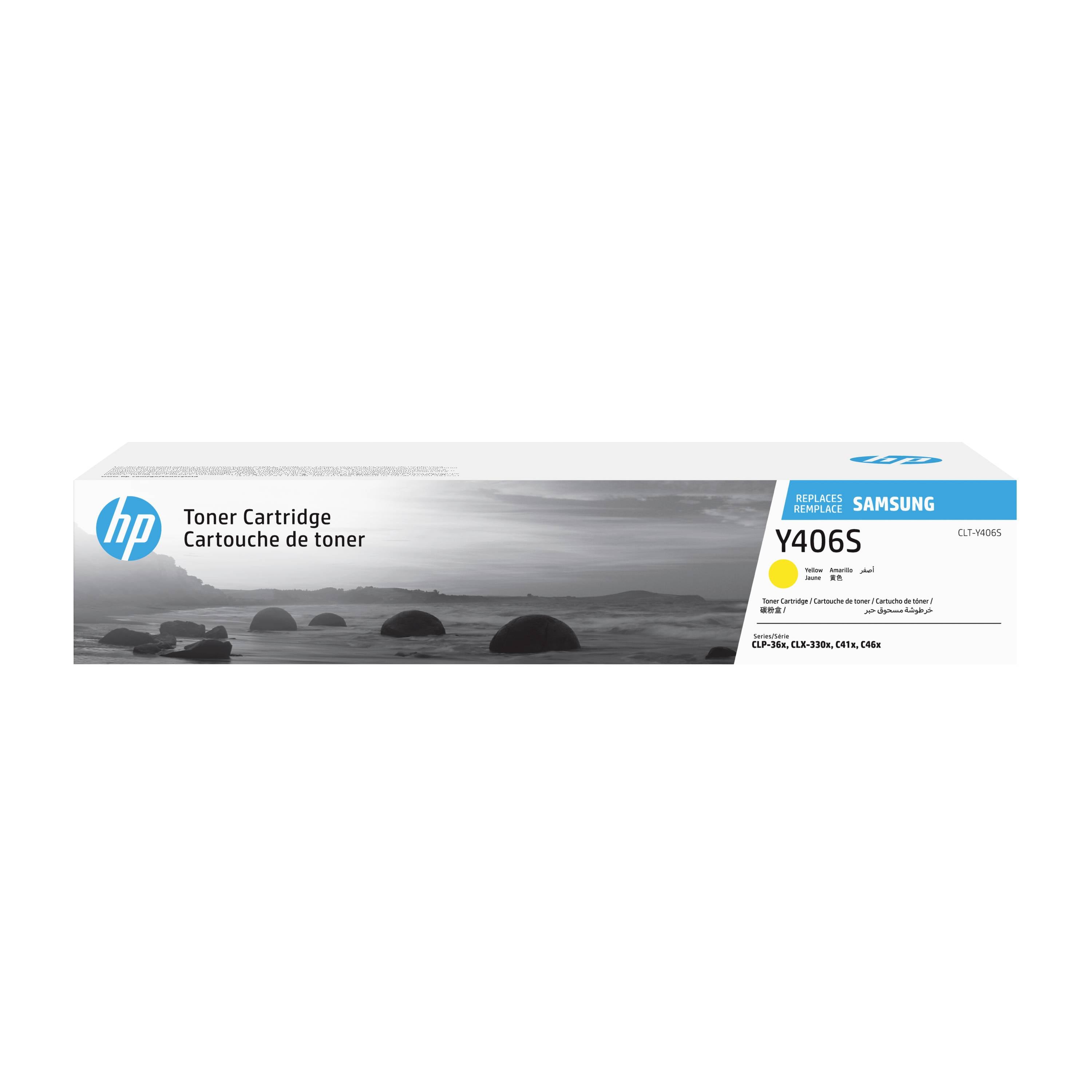 HP-markierte Samsung Y406S Tonerkassette, mit Etiketten „Toner Cartridge" und „Cartouche de toner" auf weißem Hintergrund dargestellt.