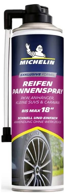 Michelin-Reifenpannenspray in Spraydose, gekennzeichnet mit „Reifen Pannenspray" für Autos, Lieferwagen, SUVs und Wohnwagen, dargestellt mit einem Radabbild.