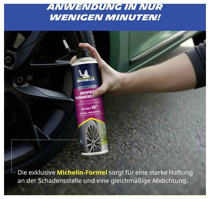 Hand hält Michelin Reifen-Reparaturspray in der Nähe eines Autoreifens, mit deutschem Text, der schnelle Anwendung und starke Abdichtung zur Reparatur von Reifenpannen bewirbt.