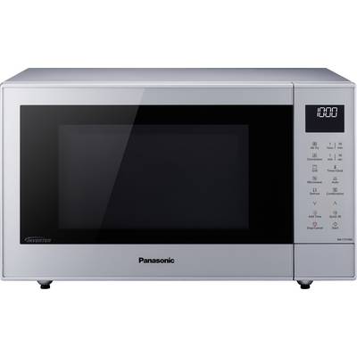 Frontansicht eines Panasonic-Mikrowellenofens mit einer digitalen Uhrenanzeige, die 10:00 anzeigt, und Steuertasten auf dem rechten Bedienfeld.