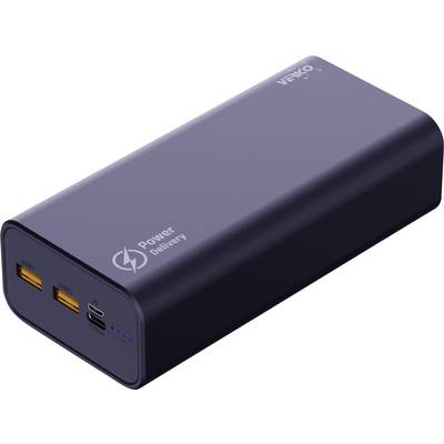 Schwarze NERKO-Powerbank mit Power-Delivery-Logo, zwei USB-Anschlüssen, USB-C-Anschluss und vier LED-Batterieanzeigelichtern.