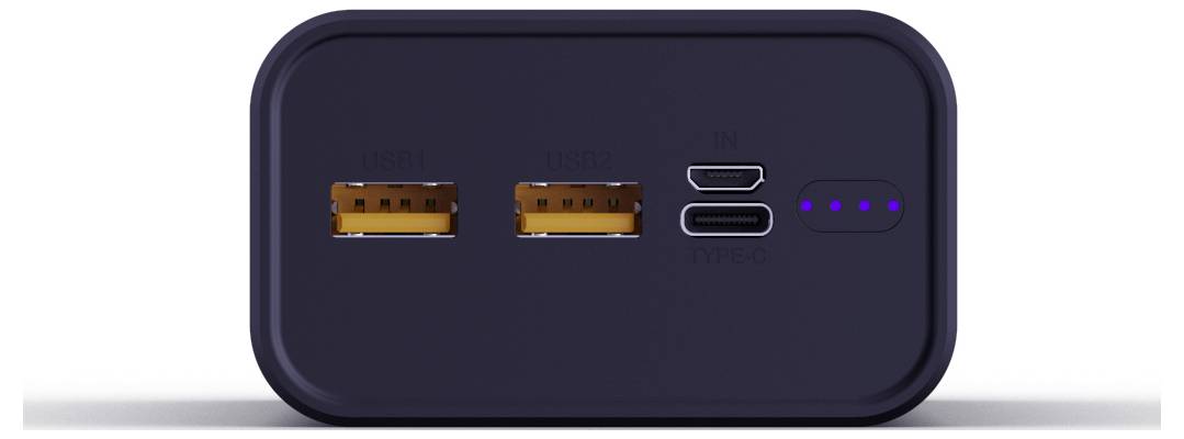 Nahaufnahme einer schwarzen elektronischen Gerätevorderseite mit zwei orangefarbenen USB-Anschlüssen, einem kleineren Anschluss und vier blauen Anzeigelichtern.
