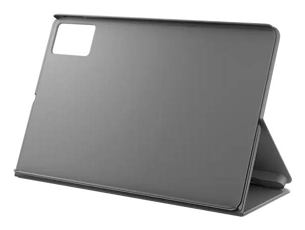 Graues Tablet-Etui mit integriertem Klappständer und Kameraausschnitt auf weißem Hintergrund