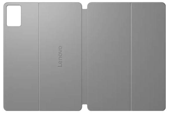 Graue Lenovo-Tablet-Schutzhülle in geschlossenem Zustand, mit Kameraausschnitt und Falzlinien für die Abdeckungspanels.