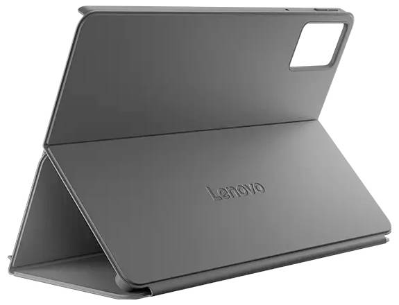 Graue Lenovo-Tablet-Schutzhülle mit umklappbarem Ständer, geöffnet in dreieckiger Stützposition mit Rückkamera-Ausschnitt.
