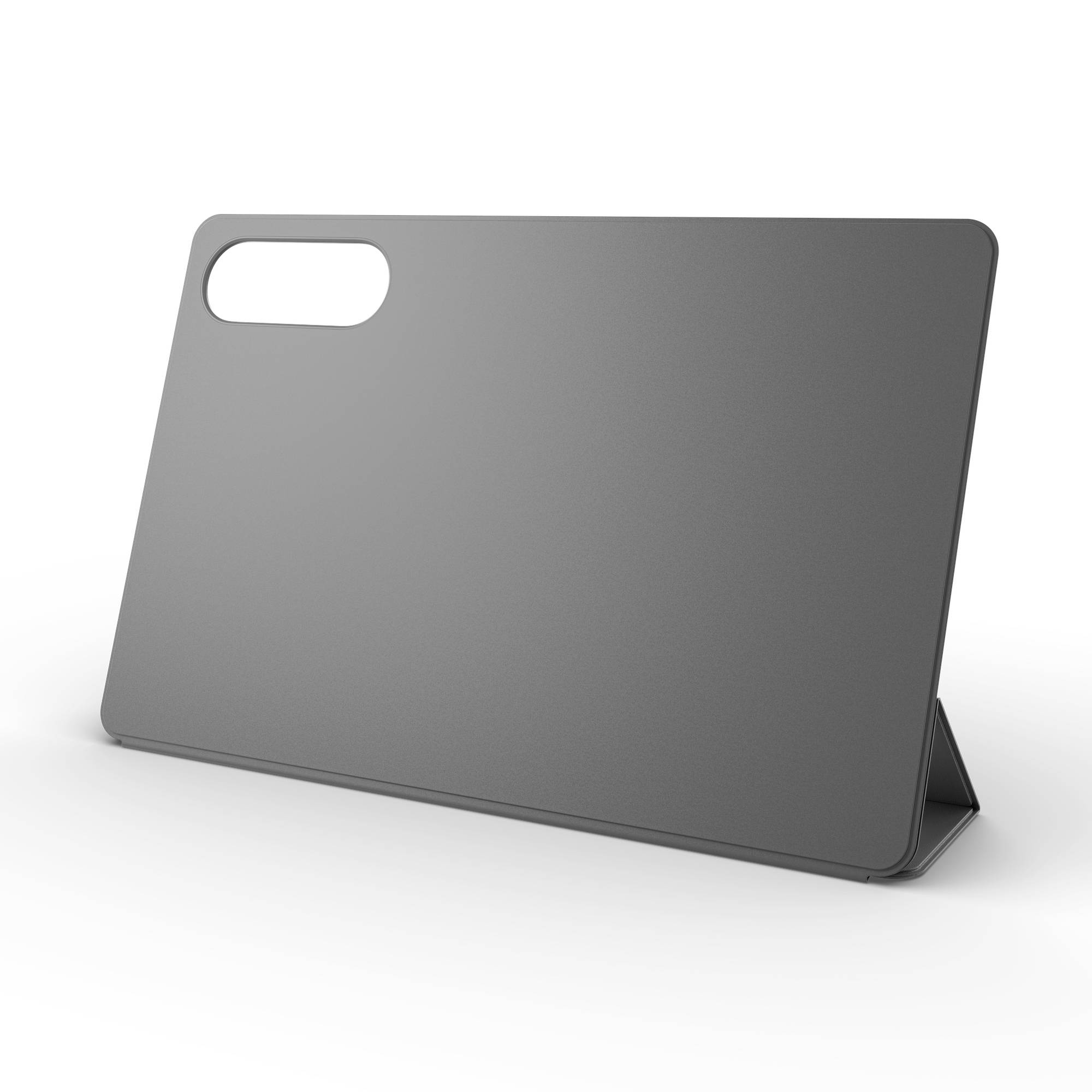 Graue Tablet- oder Laptop-Schutzhülle mit Aussparung für die rückwärtige Kamera, gefaltet als Ständer auf weißem Hintergrund dargestellt.