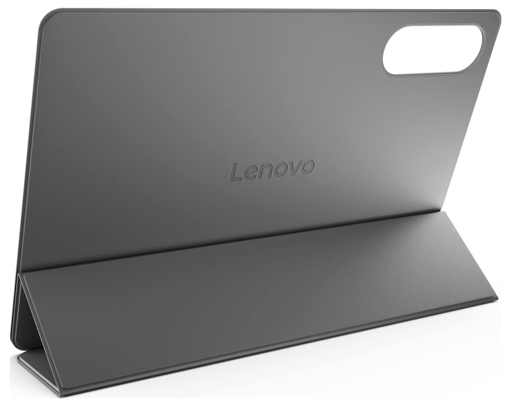 Graues Lenovo-Tablet-Folienetui mit integriertem Ständer und Aussparung für die hintere Kamera, geschlossen im Schrägwinkel dargestellt.