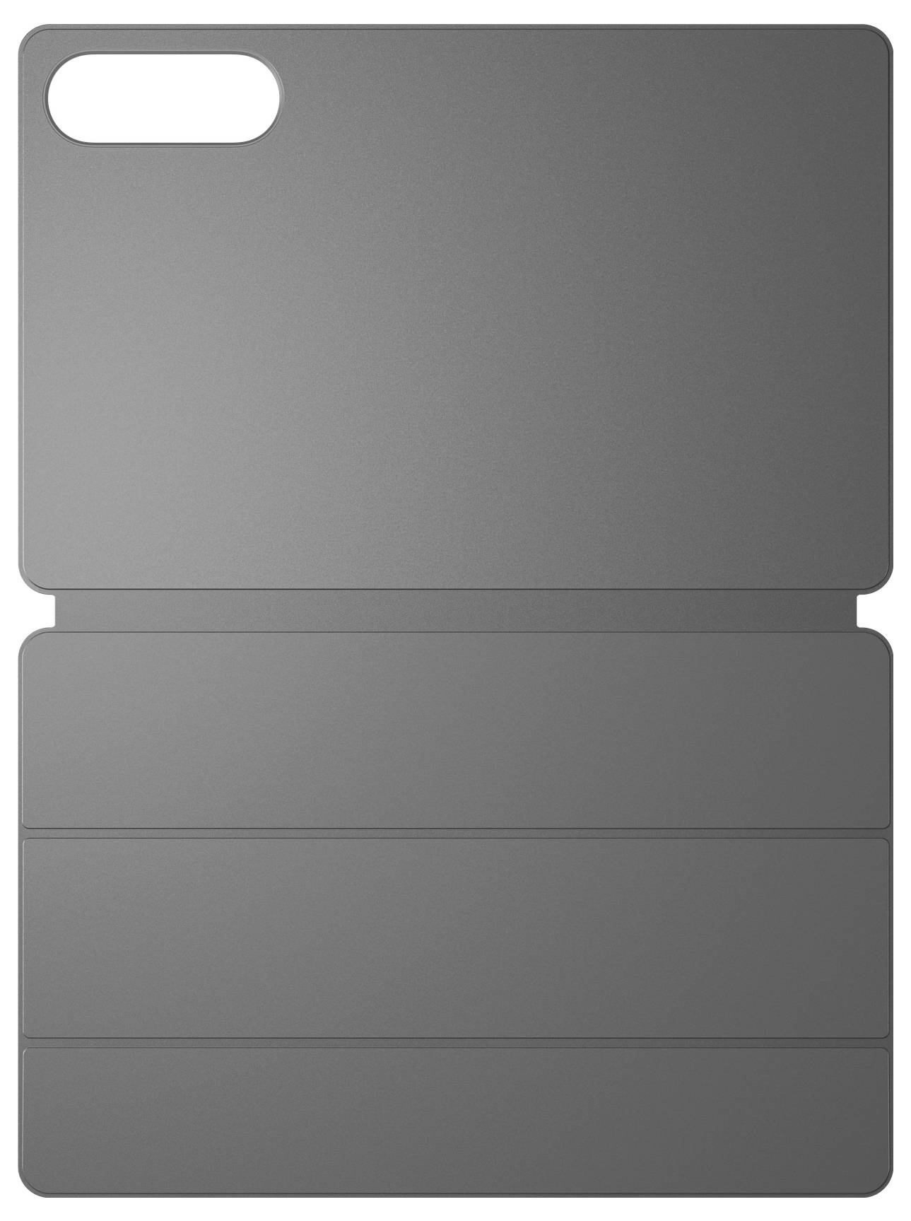Graue Tablet- oder Laptop-Schutzhülle mit einer kleinen ovalen Öffnung oben links.
