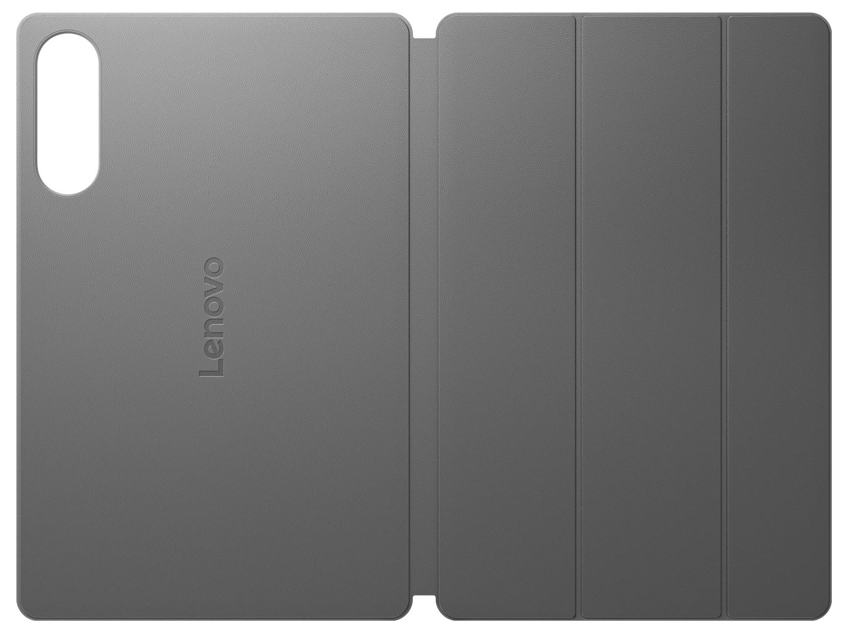 Grauer Lenovo-Tablet-Folio-Case in geschlossenem Zustand, mit Kameraausschnitt auf der linken Seite und drei klappbaren Frontpanelen auf der rechten Seite.