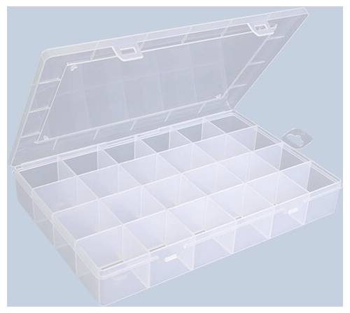 Transparente Kunststoff-Aufbewahrungsbox mit Klappdeckel und mehreren Fächern, geöffnet vor einem hellblauen Hintergrund dargestellt.
