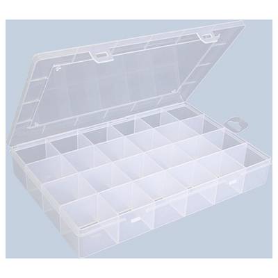 Transparente Kunststoff-Aufbewahrungsbox mit Klappdeckel und mehreren Fächern, geöffnet vor einem hellblauen Hintergrund dargestellt.