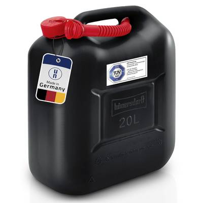 Schwarzer 20-Liter-Kraftstoffkanister mit rotem Deckel und angebrachten Etiketten "Made in Germany" und TÜV-Sicherheitszertifikat.