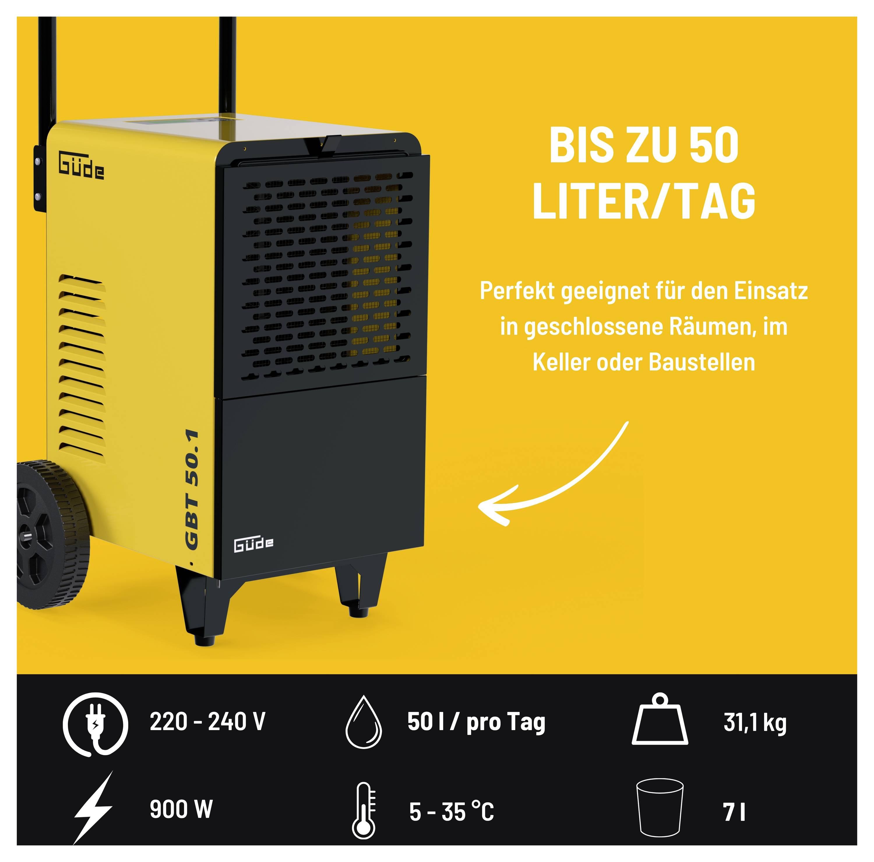 Gelber Luftentfeuchter auf Rollen, gekennzeichnet mit 'BIS ZU 50 LITER/TAG' und 'Perfekt geeignet für den Einsatz in geschlossenen Räumen, im Keller oder Baustellen'; Spezifikationen zeigen 220-240 V, 900 W, 50 l/pro Tag, 5-35 °C, 31,1 kg, 7 l.