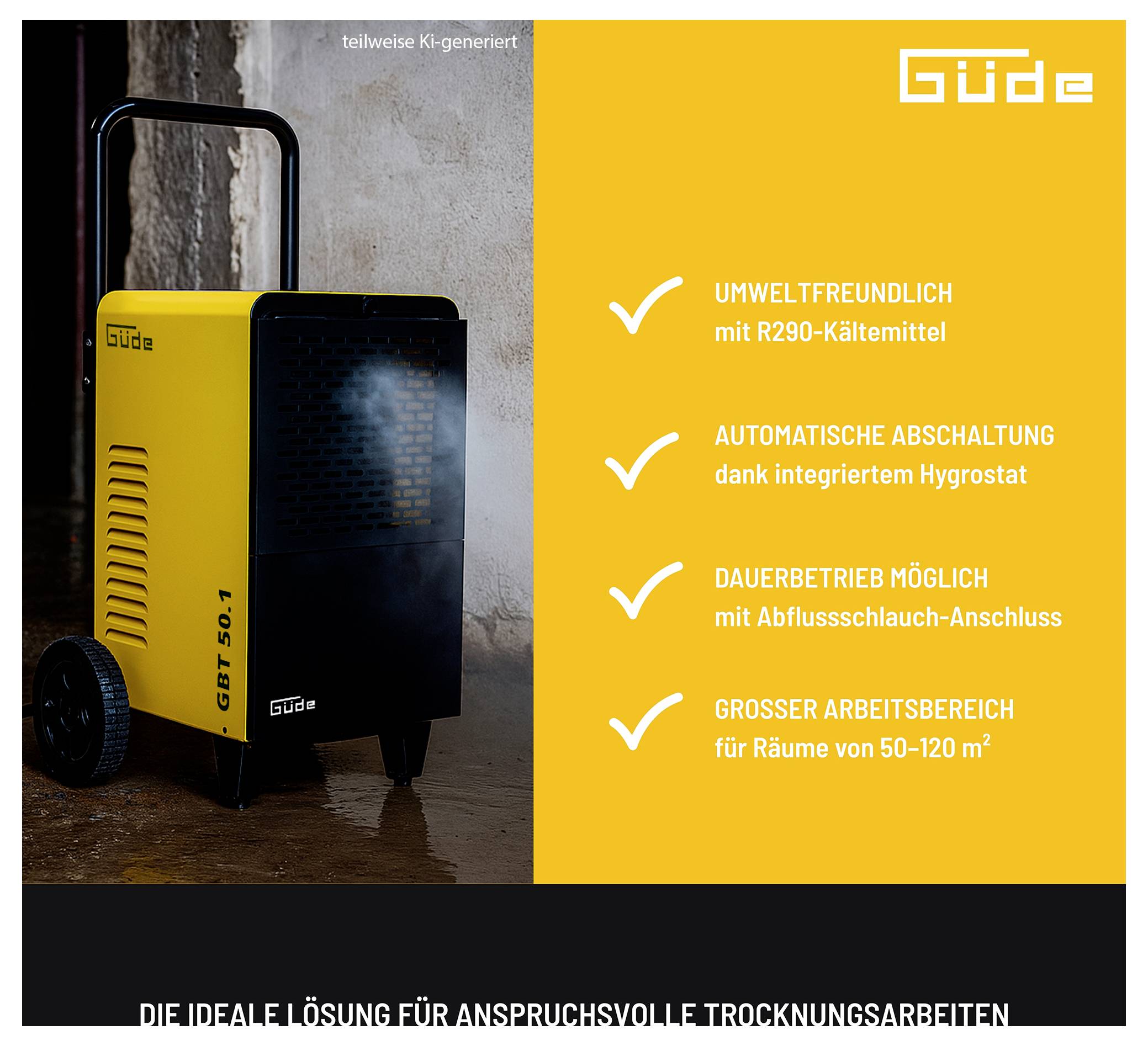 Güde-Entfeuchter neben einer Funktionsliste: umweltfreundliches R290-Kältemittel, automatische Abschaltung, Dauerbetrieb und Abdeckung von 50–120 m².