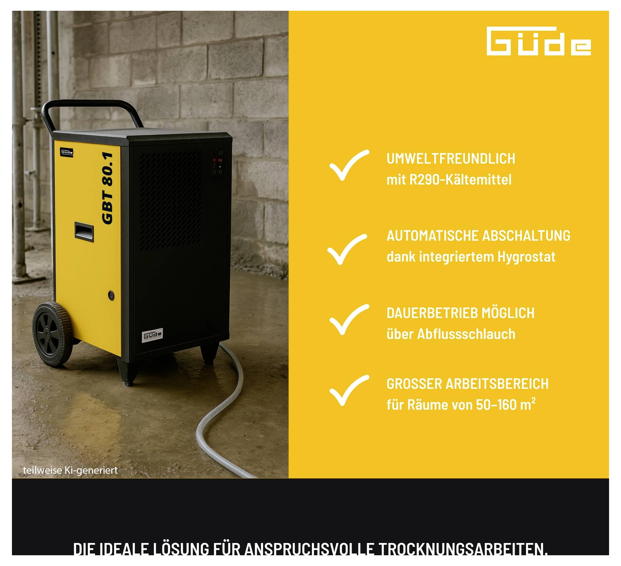 Werbung für einen Güde GBT 80.1 Luftentfeuchter, die das gelbe Gerät in einem Raum zeigt und umweltfreundliches R290-Kältemittel, automatische Abschaltung, Dauerbetrieb und eine Abdeckung von 50-160 m² auflistet.