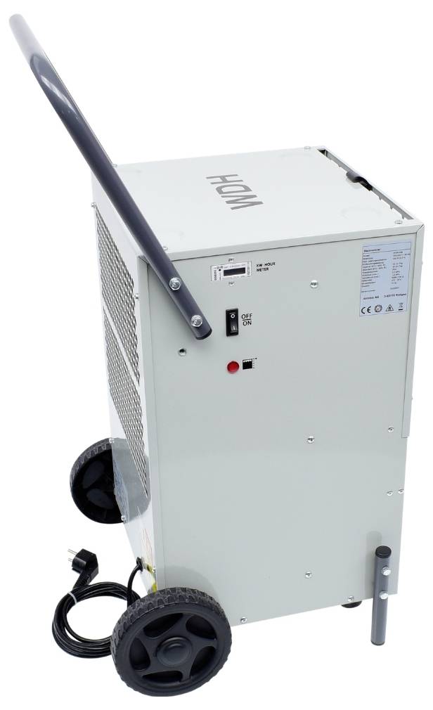 Tragbare Klimaanlage auf Rädern mit Griff und belüfteten Seitenpaneelen, von hinten/von der Seite gezeigt mit angeschlossenem Stromkabel.