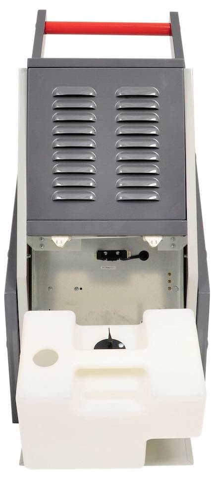 Graue Industriemaschine mit rotem Griff und belüftetem vorderen Bedienfeld über einem offenen unteren Fach mit einem weißen Kunststofftablett.