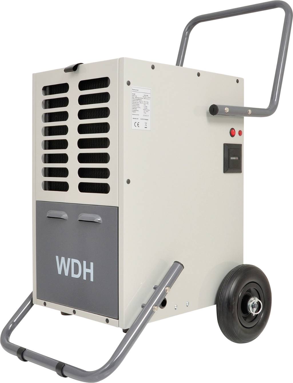 Tragbarer Industrieentfeuchter auf Rollen mit Griff, Lüftungsöffnungen und Bedienungsschalter, bezeichnet mit „WDH".