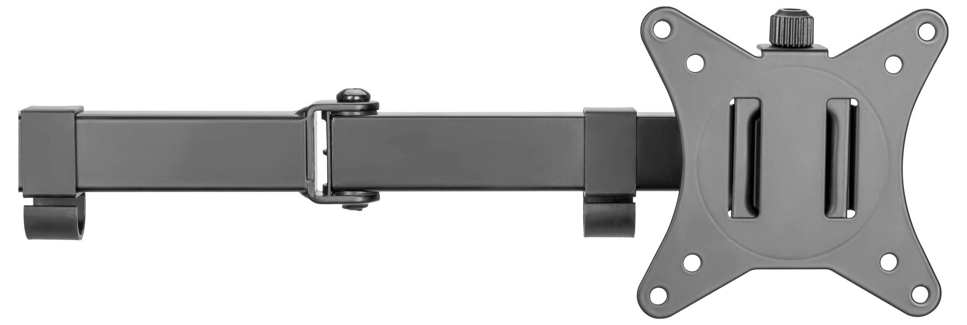 Grauer verstellbarer Monitor-Wandhalterungsarm mit langem Arm und VESA-Platte zum Befestigen eines Bildschirms an einer Wand.