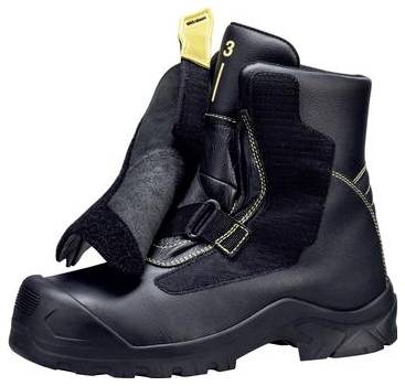 Schwarzer Sicherheitsarbeitsstiefel mit Seitenreißverschluss, Zuglasche und dicker robuster Sohle auf weißem Hintergrund.