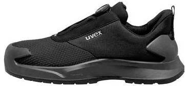 Schwarzer UVEX Low-Top Sicherheitsschuh mit robuster Sohle und verstärkter Zehen- und Fersenpartie, in Seitenansicht auf weißem Hintergrund dargestellt.
