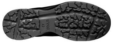 Schwarze LWG-Laufsohle mit tiefem Profilmuster und „LWG"-Kennzeichnung, von unten gezeigt.