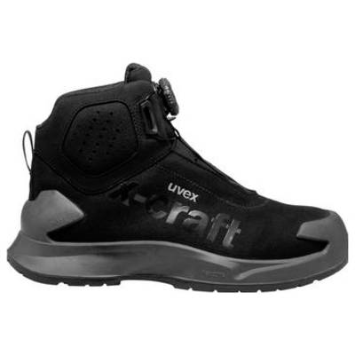 Schwarzer Uvex Sicherheitsarbeitsstiefel in der Seitenansicht mit grauer Sohle, verstärkter Zehenkappe und "uvex" Branding auf der Oberseite.