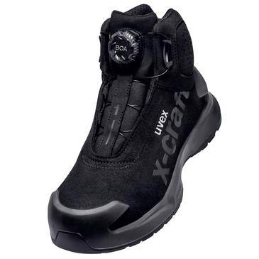 Schwarzer Uvex X-Craft Sicherheitsstiefel mit BOA-Drehverschluss, dargestellt auf weißem Hintergrund.