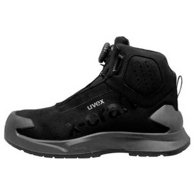 Schwarzer und grauer hoher Sicherheitsarbeitsstiefel mit "uvex"-Branding, in Seitenansicht auf weißem Hintergrund dargestellt.